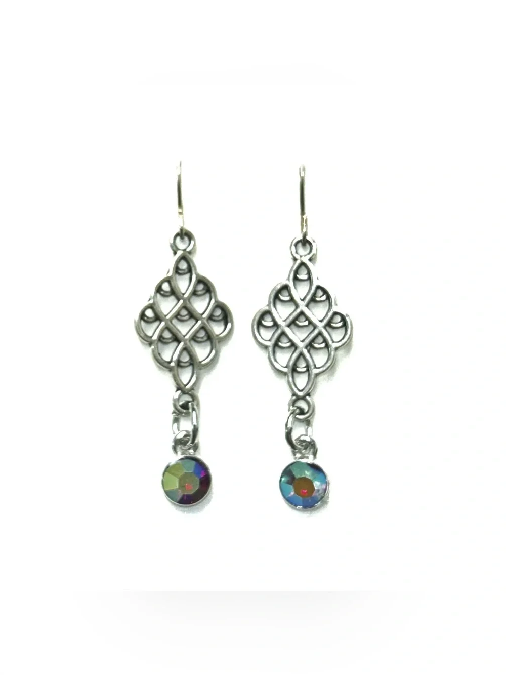 Silver Filigree Drop Earrings with Iridescent Red Crystal